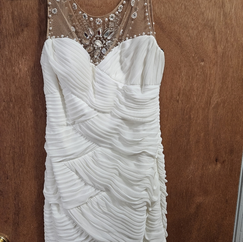 Adrianna Papell White Embellished Illusion Neck Ruched Dress